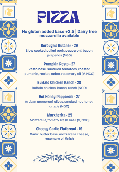 Pizza menu